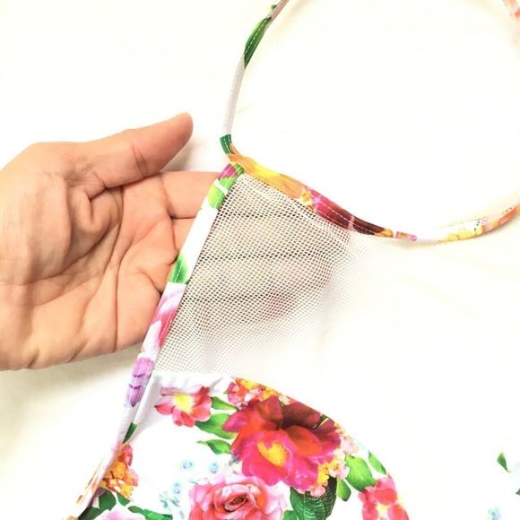 La Vie En Rose Aqua white floral high halter neck tankini top swimsuit size XL​ - Picture 2 of 13